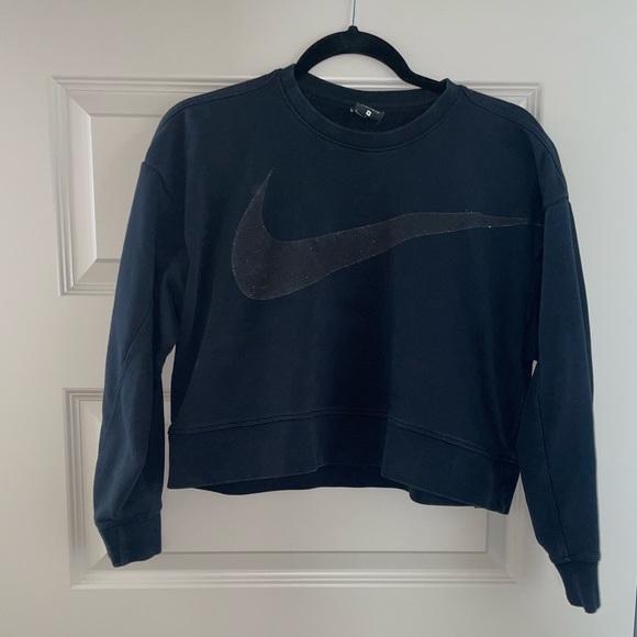Nike size small black and glitter swoosh cropped crew neck pullover sweater - Picture 1 of 1